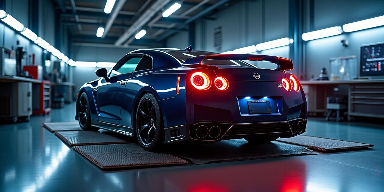 Sports car on a dynamometer at Coral Torque Performance workshop for performance evaluation